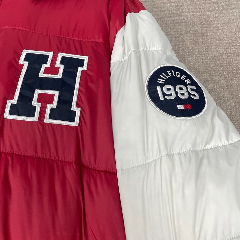 Tommy Hilfiger Puffer Jacket Mens 2XL Red White Varsity Hooded Full Zip Logo - Picture 6 of 16